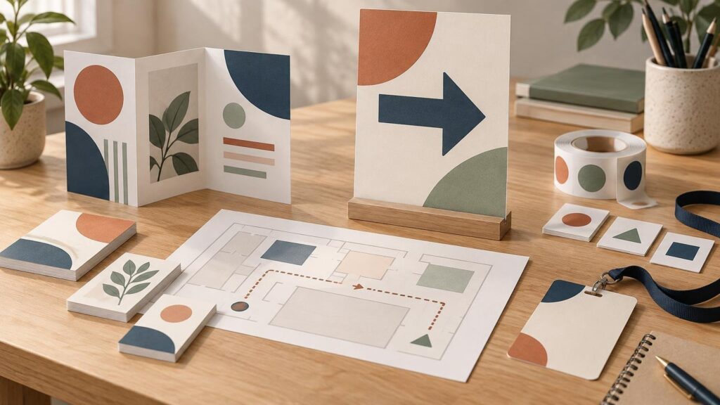 Warmly lit desk with abstract printed brochures, cards, label stickers, a blank badge, and a freestanding sign with a large right-pointing arrow beside a simple floor-plan sheet.