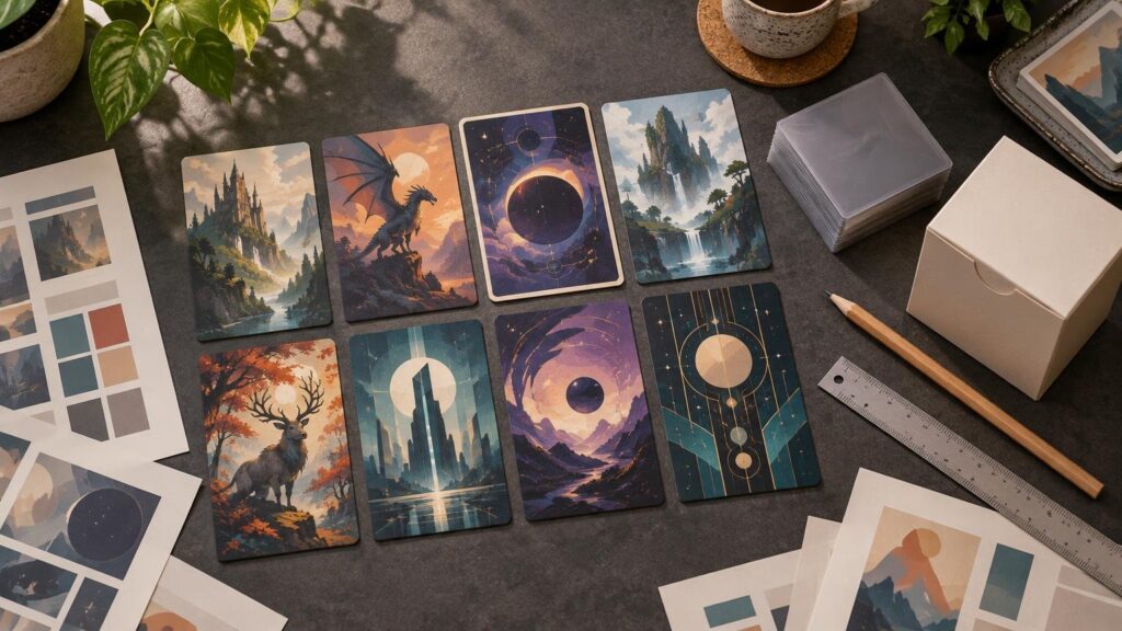 Overhead view of eight illustrated fantasy and celestial cards arranged on a dark tabletop beside printed design sheets, a card stack, pencil, ruler, plain box, plants, and a cup.