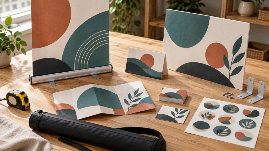 Horizontal desk scene with a retractable banner, two rigid printed signs, folded brochure, product cards, circular labels, mounting brackets, screws, tape measure, and a carry case, all featuring coordinated abstract botanical artwork in muted teal, rust, cream, and charcoal.