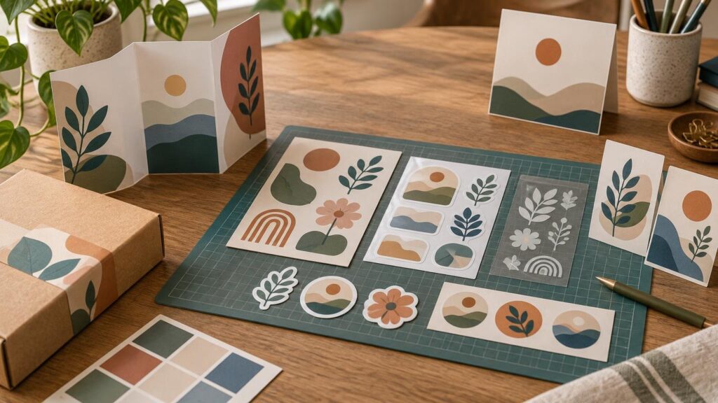 A warmly lit desk displays unbranded botanical and landscape sticker sheets, loose die-cut stickers, folded cards, a small tabletop sign, packaging boxes, and a color swatch card on a green cutting mat.